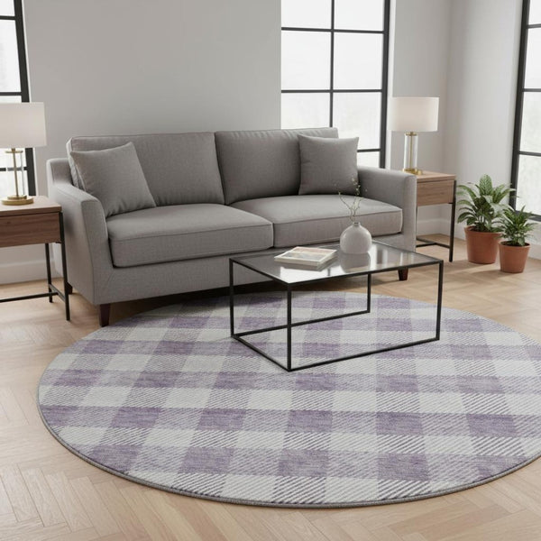 HomeRoots 8' Stylish Lavender and Ivory Plaid Washable Round Rug with UV Protection for Family-Friendly Spaces 673474