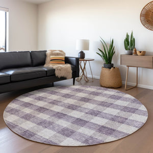 HomeRoots 8' Stylish Lavender and Ivory Plaid Washable Round Rug with UV Protection for Family-Friendly Spaces 673474