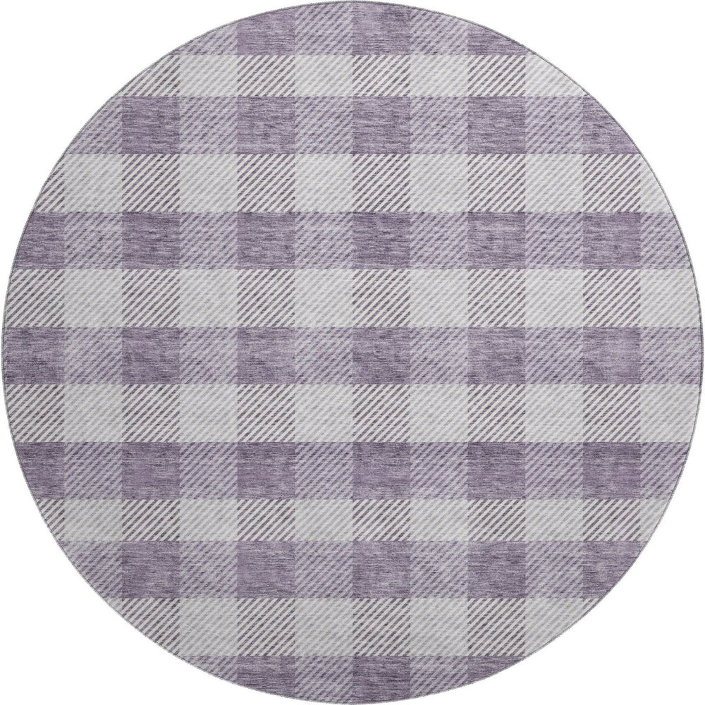 HomeRoots 8' Stylish Lavender and Ivory Plaid Washable Round Rug with UV Protection for Family-Friendly Spaces 673474