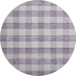 HomeRoots 8' Stylish Lavender and Ivory Plaid Washable Round Rug with UV Protection for Family-Friendly Spaces 673474