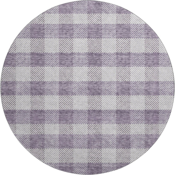 HomeRoots 8' Stylish Lavender and Ivory Plaid Washable Round Rug with UV Protection for Family-Friendly Spaces 673474