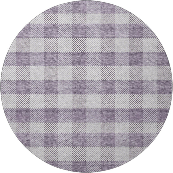 HomeRoots 8' Stylish Lavender and Ivory Plaid Washable Round Rug with UV Protection for Family-Friendly Spaces 673474