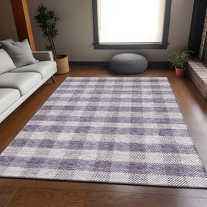 HomeRoots 9' X 12' Lavender & Ivory Plaid Washable Area Rug - Durable, UV-Protected, Kid & Pet Friendly Design 673476