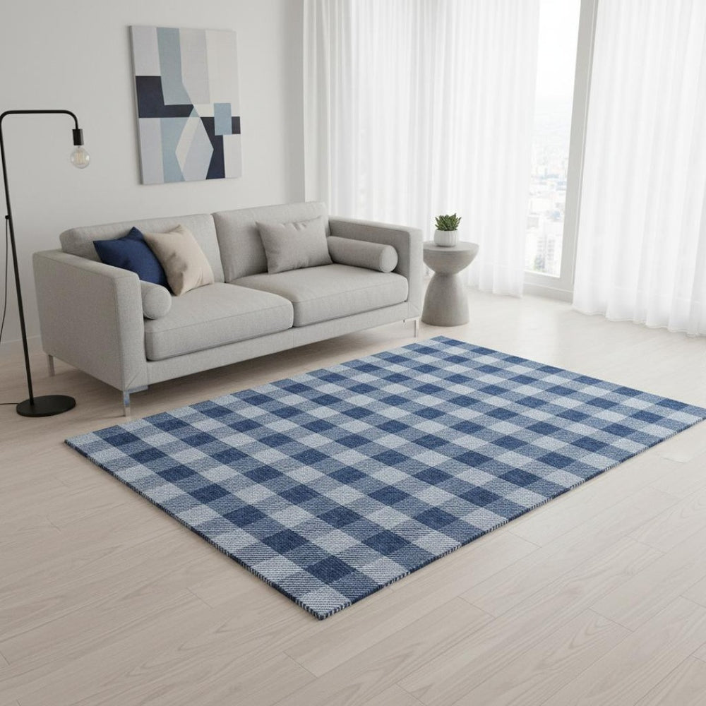 HomeRoots 5' X 8' Navy Blue & Ivory Plaid Washable Area Rug - Stain-Resistant, UV Protected & Soft Underfoot 673479