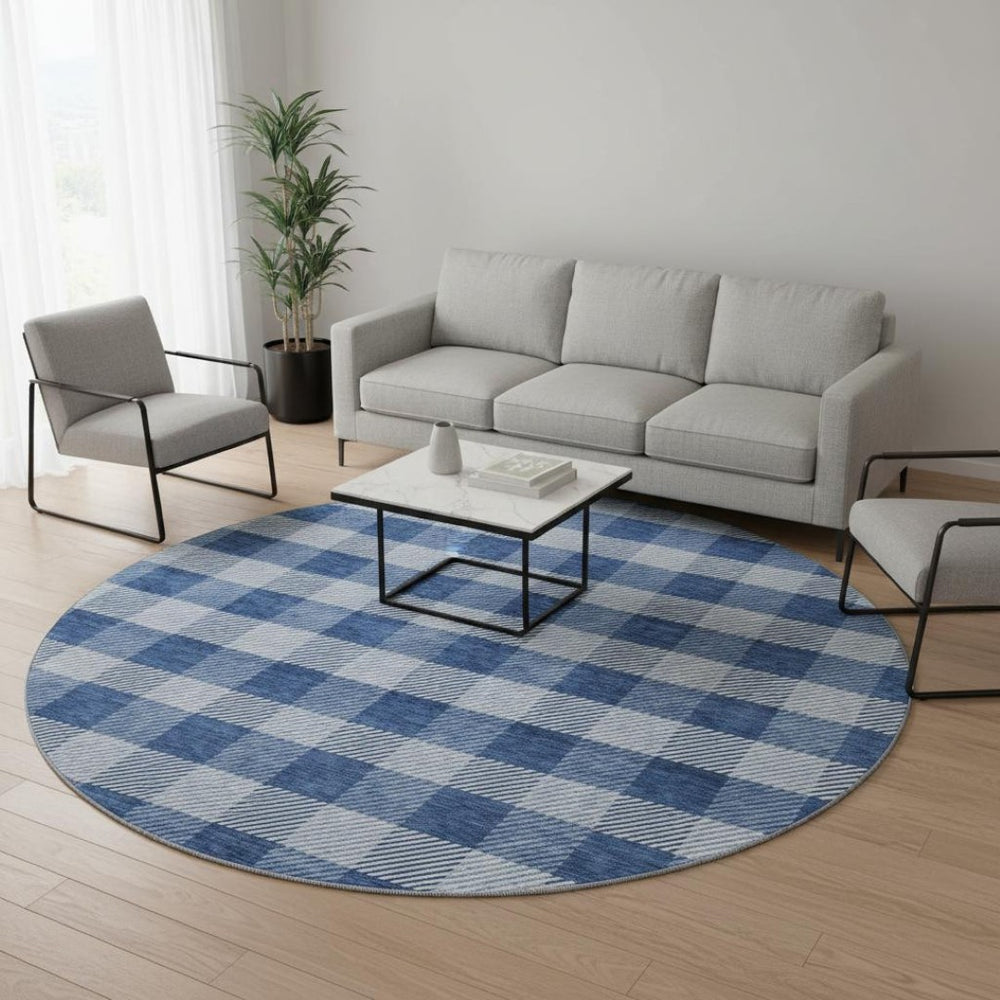 HomeRoots 8' Navy Blue and Ivory Plaid Round Rug - Washable, UV-Protected, Perfect for Family Rooms & Patios 673480