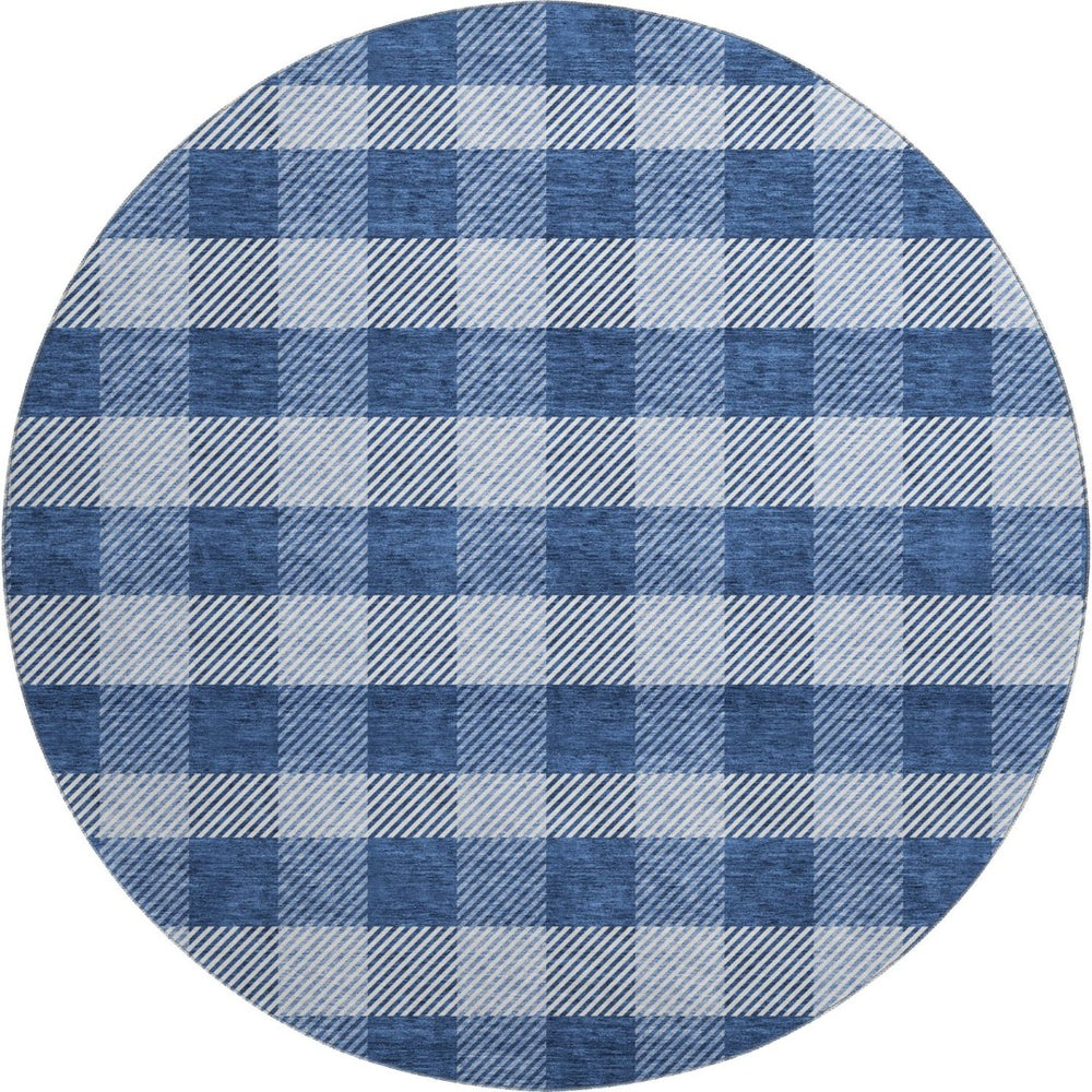HomeRoots 8' Navy Blue and Ivory Plaid Round Rug - Washable, UV-Protected, Perfect for Family Rooms & Patios 673480