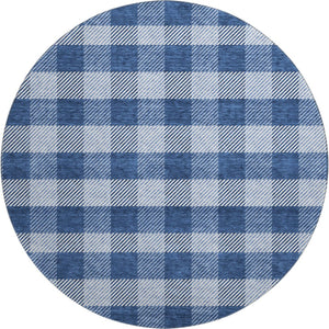 HomeRoots 8' Navy Blue and Ivory Plaid Round Rug - Washable, UV-Protected, Perfect for Family Rooms & Patios 673480
