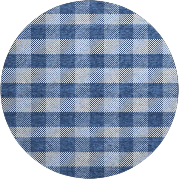 HomeRoots 8' Navy Blue and Ivory Plaid Round Rug - Washable, UV-Protected, Perfect for Family Rooms & Patios 673480