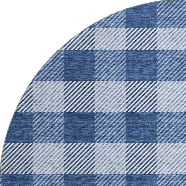 HomeRoots 8' Navy Blue and Ivory Plaid Round Rug - Washable, UV-Protected, Perfect for Family Rooms & Patios 673480