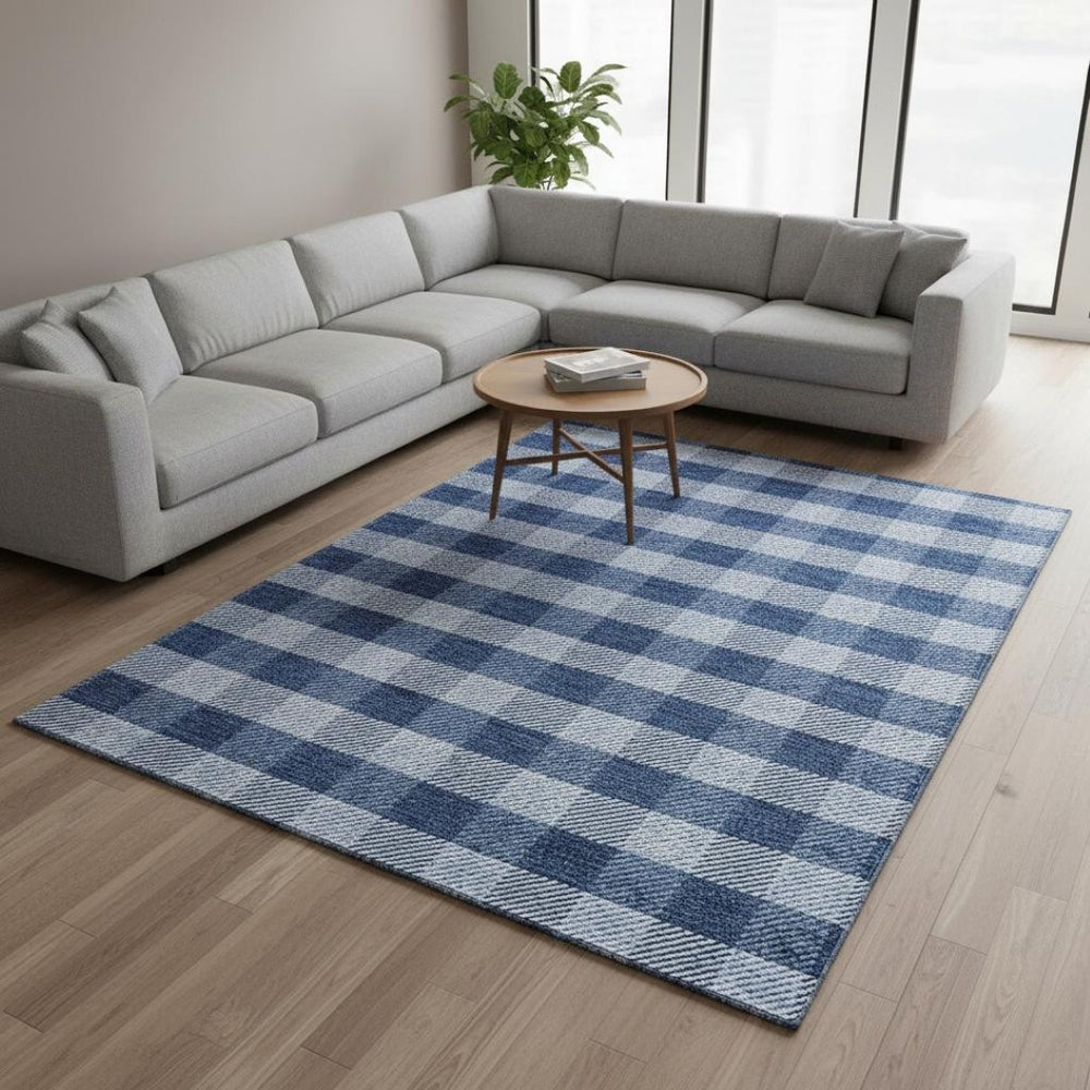 HomeRoots 8' X 10' Navy Blue and Ivory Plaid Washable Area Rug - Durable, UV Protected, Stylish Home Essential! 673481
