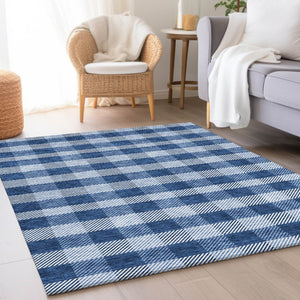 HomeRoots 8' X 10' Navy Blue and Ivory Plaid Washable Area Rug - Durable, UV Protected, Stylish Home Essential! 673481
