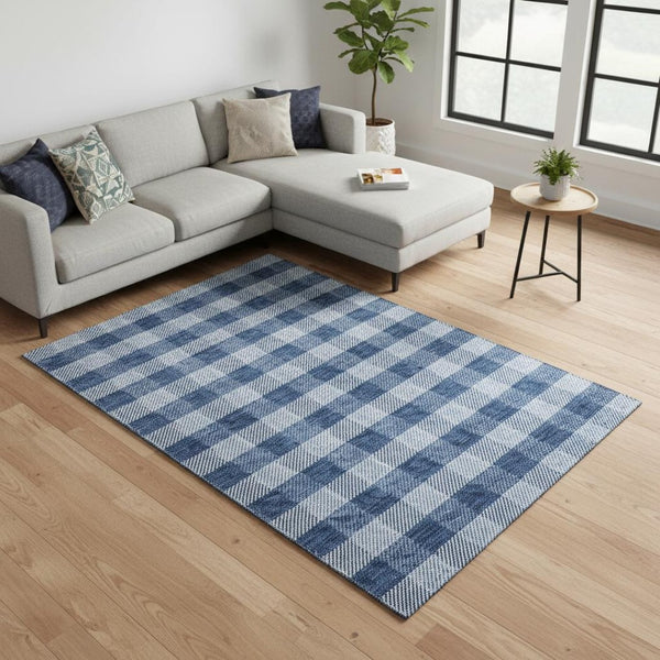HomeRoots 9' X 12' Navy Blue & Ivory Plaid Area Rug - Washable, UV Protected, Stain Resistant, Durable Design 673482