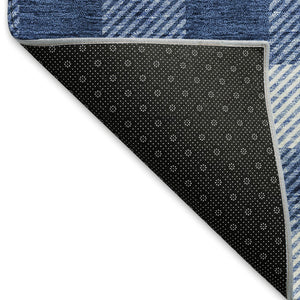 HomeRoots 9' X 12' Navy Blue & Ivory Plaid Area Rug - Washable, UV Protected, Stain Resistant, Durable Design 673482