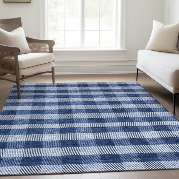 HomeRoots 9' X 12' Navy Blue & Ivory Plaid Area Rug - Washable, UV Protected, Stain Resistant, Durable Design 673482
