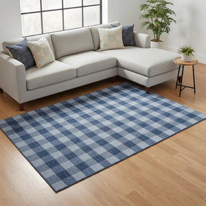 HomeRoots 10' X 14' Navy Blue and Ivory Plaid Area Rug – Durable, Washable, UV-Protected for Busy Homes! 673483