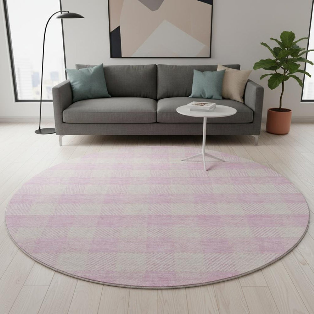 HomeRoots 8' Pink and Ivory Plaid Washable Round Rug - Durable, UV-Protected, Stain-Resistant for Homes with Kids 673486
