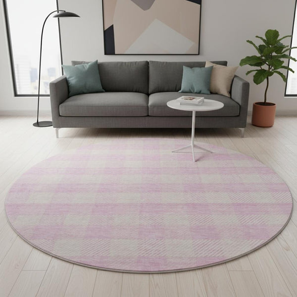 HomeRoots 8' Pink and Ivory Plaid Washable Round Rug - Durable, UV-Protected, Stain-Resistant for Homes with Kids 673486