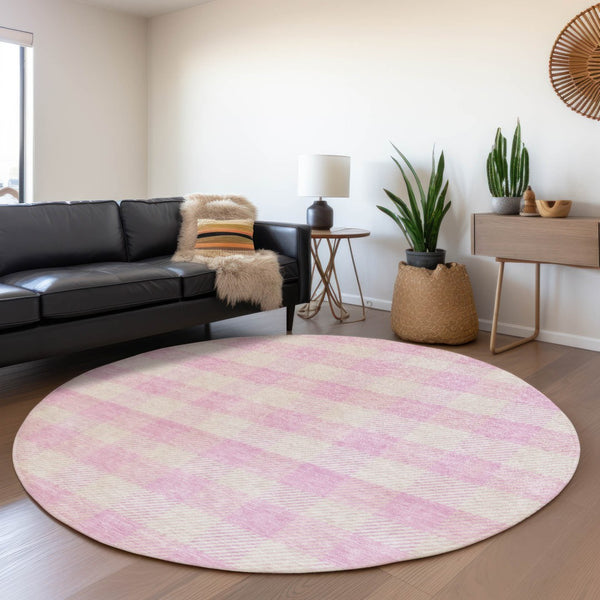 HomeRoots 8' Pink and Ivory Plaid Washable Round Rug - Durable, UV-Protected, Stain-Resistant for Homes with Kids 673486