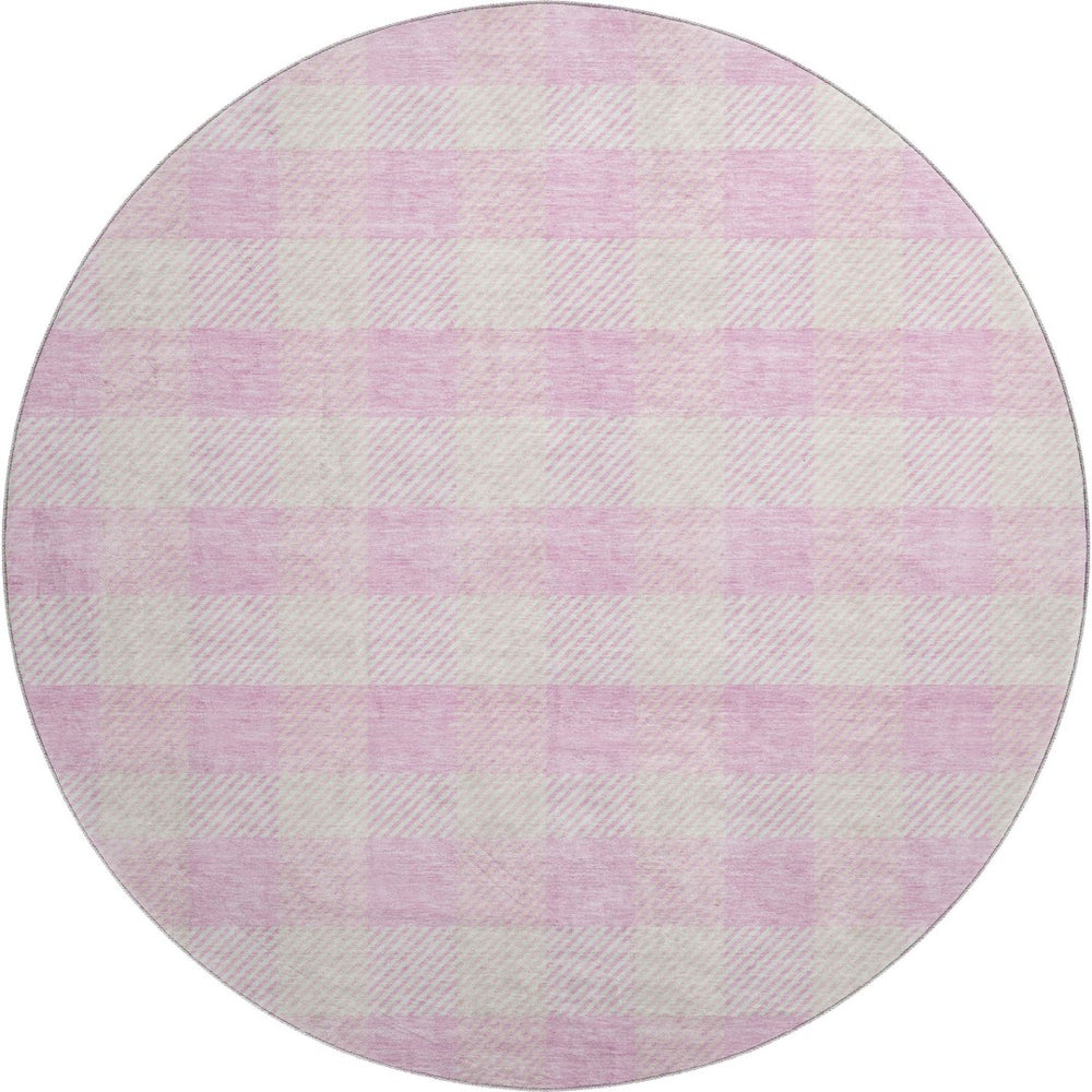 HomeRoots 8' Pink and Ivory Plaid Washable Round Rug - Durable, UV-Protected, Stain-Resistant for Homes with Kids 673486