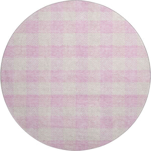 HomeRoots 8' Pink and Ivory Plaid Washable Round Rug - Durable, UV-Protected, Stain-Resistant for Homes with Kids 673486