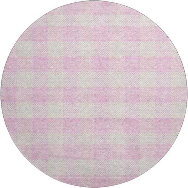 HomeRoots 8' Pink and Ivory Plaid Washable Round Rug - Durable, UV-Protected, Stain-Resistant for Homes with Kids 673486