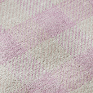 HomeRoots 8' Pink and Ivory Plaid Washable Round Rug - Durable, UV-Protected, Stain-Resistant for Homes with Kids 673486