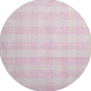 HomeRoots 8' Pink and Ivory Plaid Washable Round Rug - Durable, UV-Protected, Stain-Resistant for Homes with Kids 673486