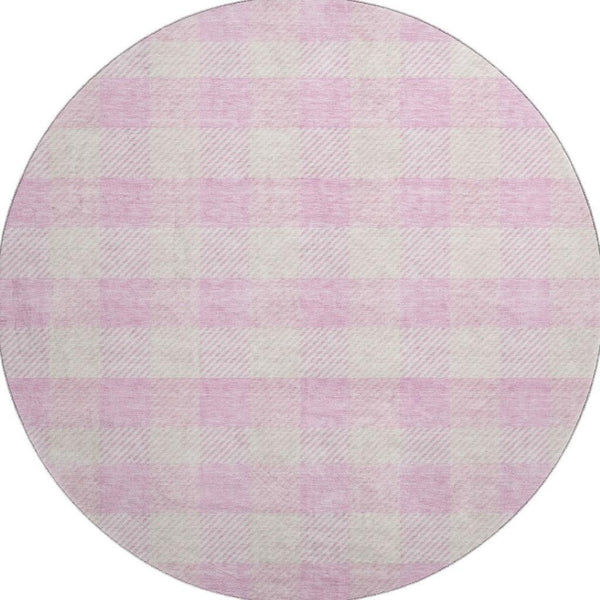 HomeRoots 8' Pink and Ivory Plaid Washable Round Rug - Durable, UV-Protected, Stain-Resistant for Homes with Kids 673486