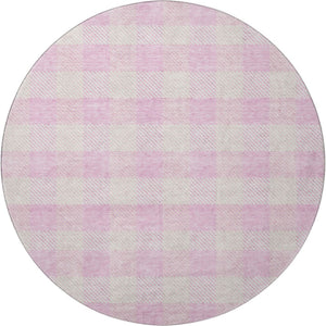 HomeRoots 8' Pink and Ivory Plaid Washable Round Rug - Durable, UV-Protected, Stain-Resistant for Homes with Kids 673486