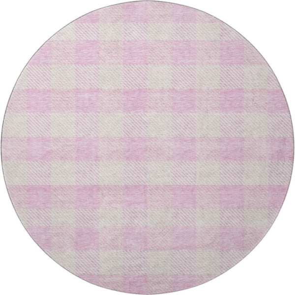 HomeRoots 8' Pink and Ivory Plaid Washable Round Rug - Durable, UV-Protected, Stain-Resistant for Homes with Kids 673486