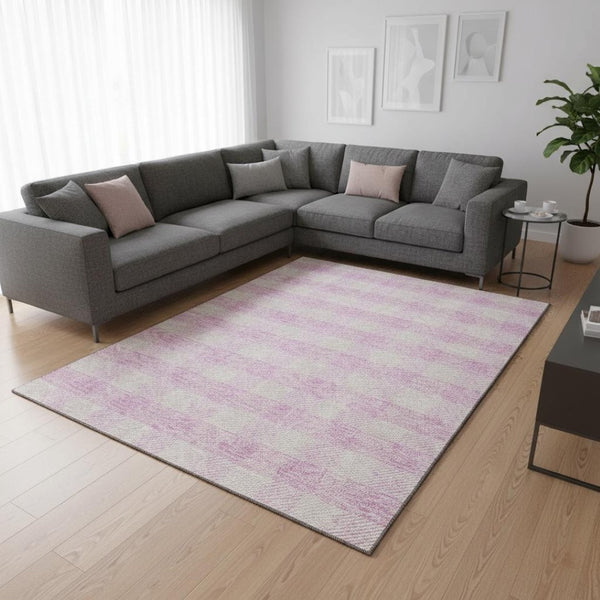 HomeRoots 8' X 10' Pink and Ivory Plaid Area Rug - Durable, Washable, UV-Protected, Stylish for High-Traffic Spaces 673487