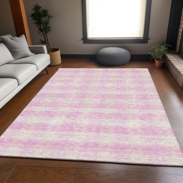HomeRoots 8' X 10' Pink and Ivory Plaid Area Rug - Durable, Washable, UV-Protected, Stylish for High-Traffic Spaces 673487