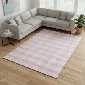 HomeRoots 9' X 12' Pink Plaid Area Rug - Washable, UV Protected, Durable & Stain Resistant for High-Traffic Areas 673488