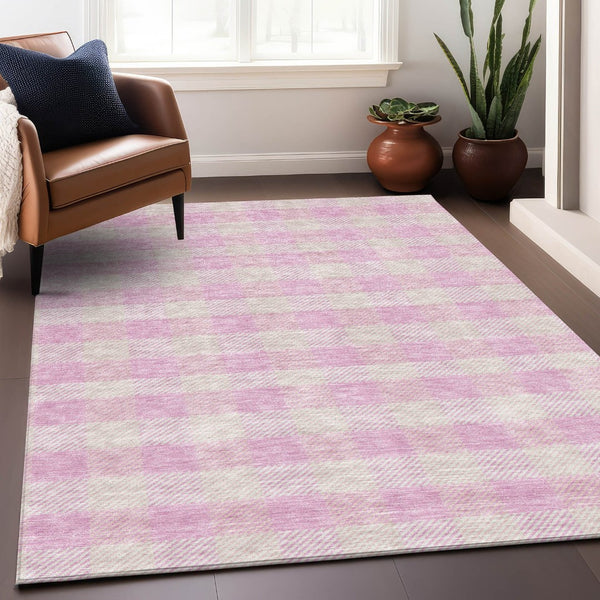 HomeRoots 9' X 12' Pink Plaid Area Rug - Washable, UV Protected, Durable & Stain Resistant for High-Traffic Areas 673488