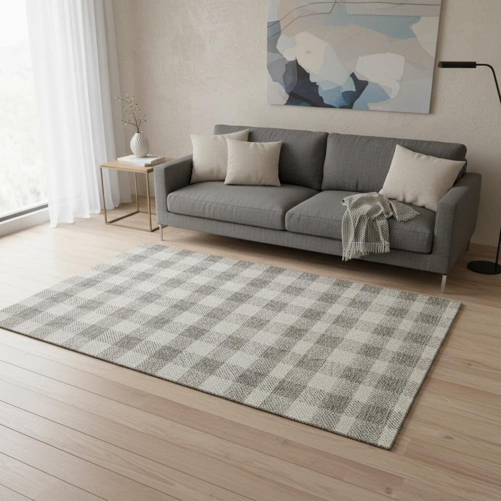 HomeRoots 5' X 8' Taupe and Ivory Plaid Washable Area Rug with UV Protection, Stain-Resistant & Durable Design 673491