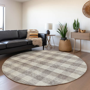 HomeRoots 8' Taupe & Ivory Plaid Washable Round Rug – Stylish, Stain Resistant, UV Protected for Busy Homes 673492