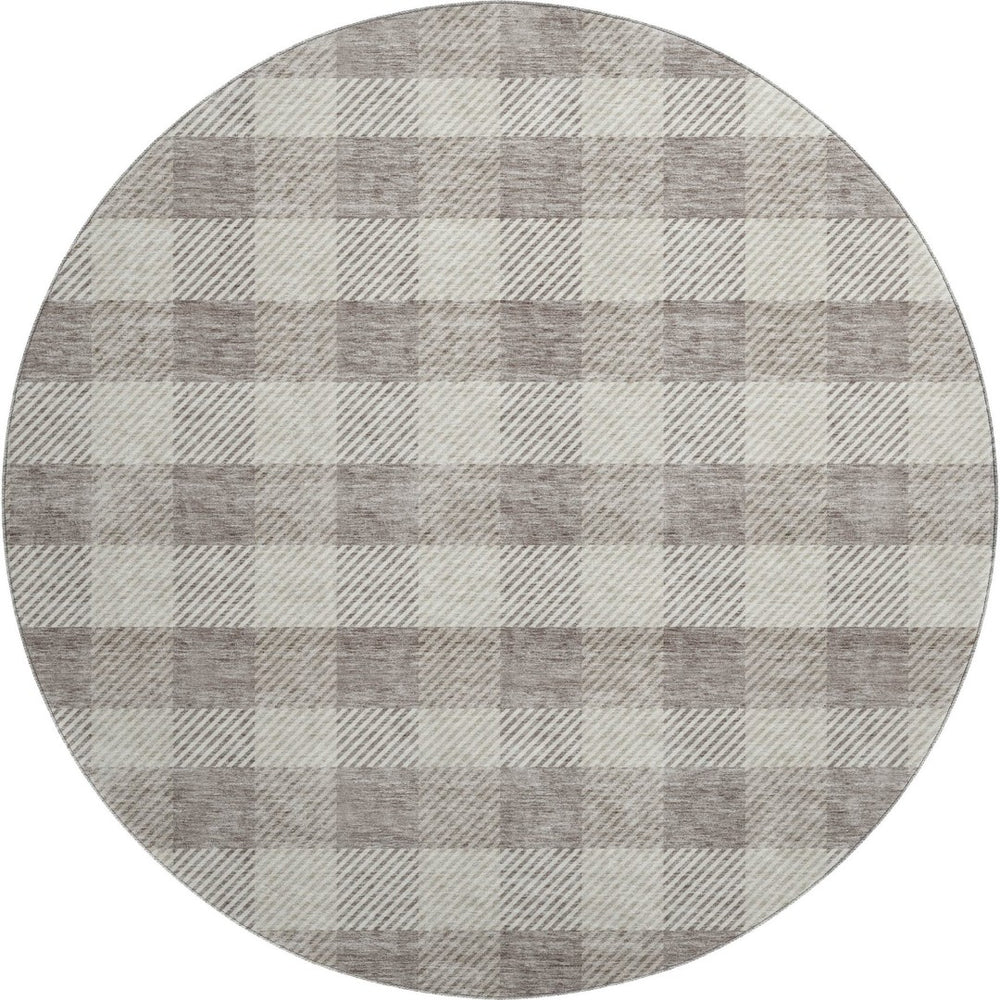 HomeRoots 8' Taupe & Ivory Plaid Washable Round Rug – Stylish, Stain Resistant, UV Protected for Busy Homes 673492