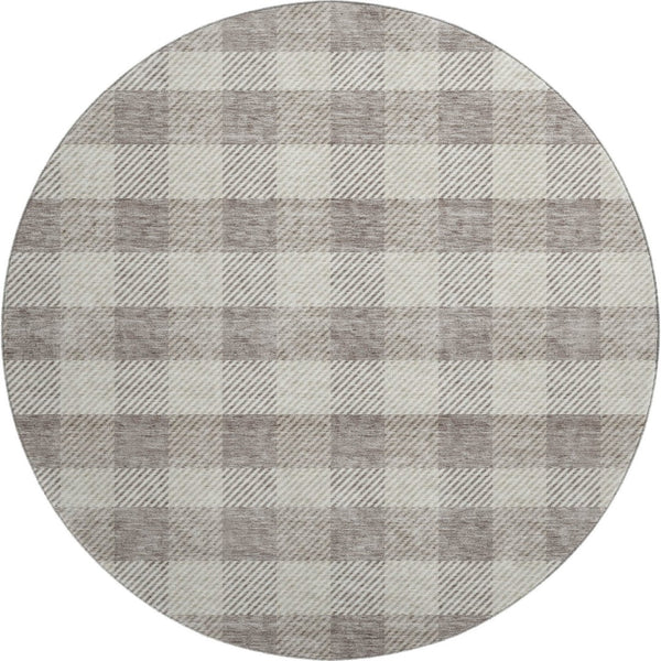 HomeRoots 8' Taupe & Ivory Plaid Washable Round Rug – Stylish, Stain Resistant, UV Protected for Busy Homes 673492
