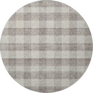 HomeRoots 8' Taupe & Ivory Plaid Washable Round Rug – Stylish, Stain Resistant, UV Protected for Busy Homes 673492