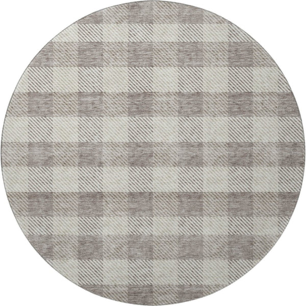 HomeRoots 8' Taupe & Ivory Plaid Washable Round Rug – Stylish, Stain Resistant, UV Protected for Busy Homes 673492