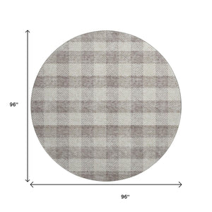 HomeRoots 8' Taupe & Ivory Plaid Washable Round Rug – Stylish, Stain Resistant, UV Protected for Busy Homes 673492
