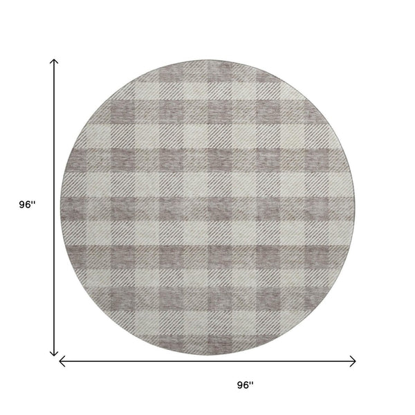 HomeRoots 8' Taupe & Ivory Plaid Washable Round Rug – Stylish, Stain Resistant, UV Protected for Busy Homes 673492