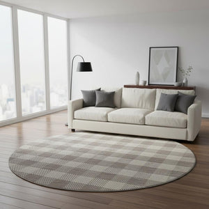 HomeRoots 8' Taupe & Ivory Plaid Washable Round Rug – Stylish, Stain Resistant, UV Protected for Busy Homes 673492