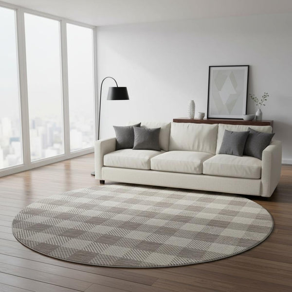 HomeRoots 8' Taupe & Ivory Plaid Washable Round Rug – Stylish, Stain Resistant, UV Protected for Busy Homes 673492