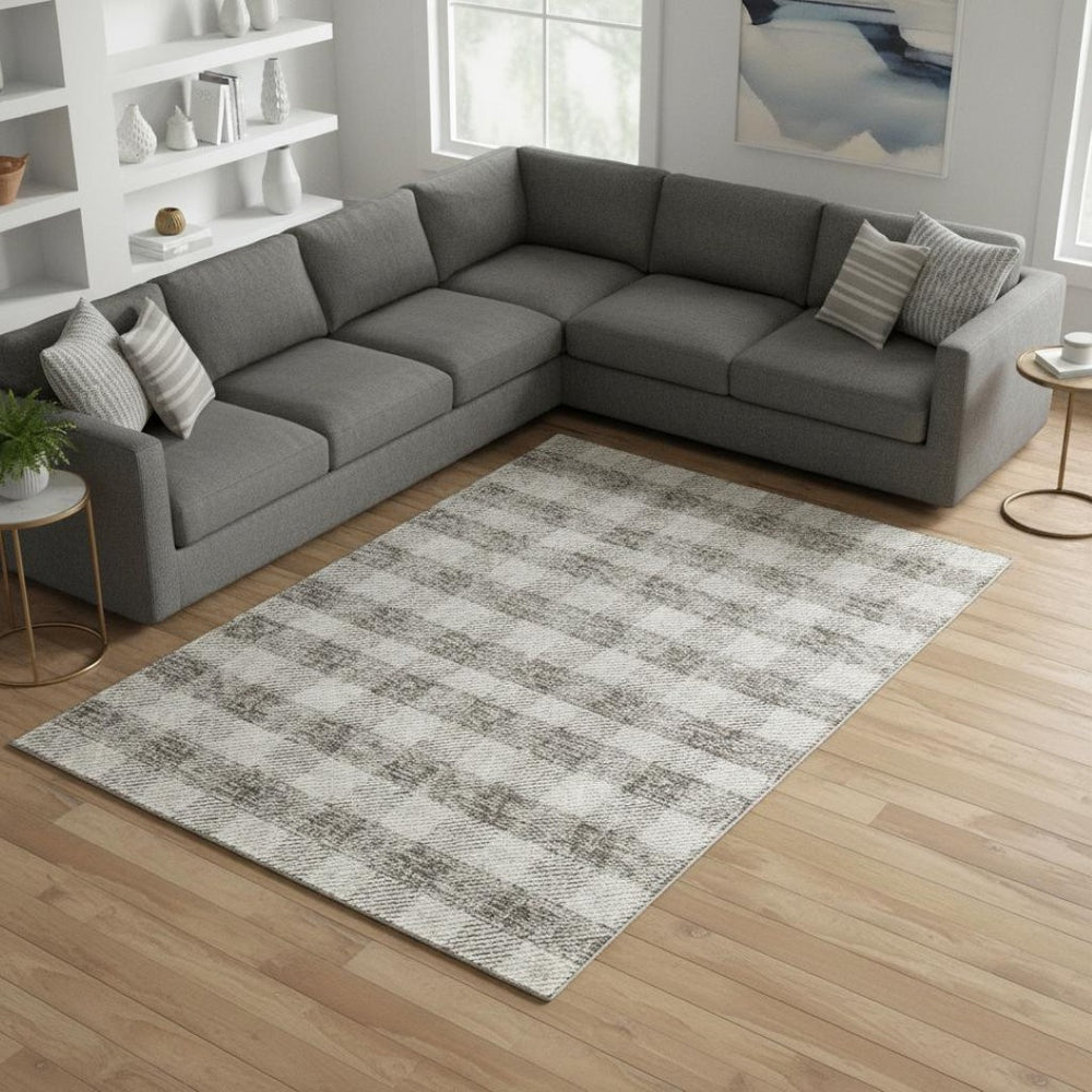 HomeRoots 8' X 10' Taupe & Ivory Plaid Area Rug - Washable, UV-Protected, Perfect for Family Spaces & More! 673493