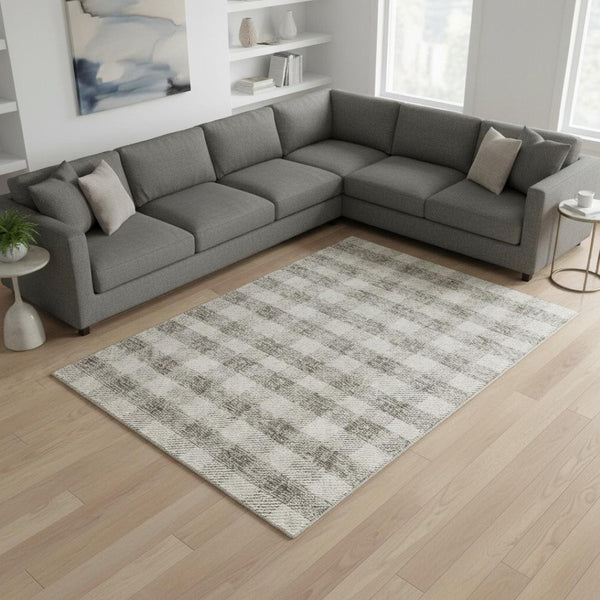 HomeRoots 9' X 12' Taupe & Ivory Plaid Washable Area Rug - Durable, Stylish, Stain Resistant & UV Protected! 673494