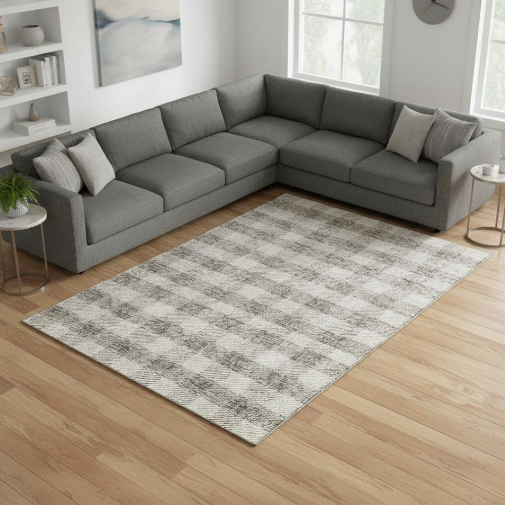 HomeRoots 10' X 14' Taupe and Ivory Plaid Area Rug - Washable, UV Protected, Stain Resistant for Easy Care! 673495