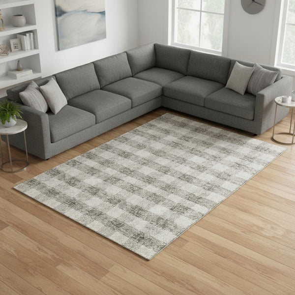 HomeRoots 10' X 14' Taupe and Ivory Plaid Area Rug - Washable, UV Protected, Stain Resistant for Easy Care! 673495