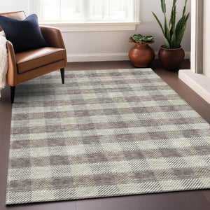 HomeRoots 10' X 14' Taupe and Ivory Plaid Area Rug - Washable, UV Protected, Stain Resistant for Easy Care! 673495