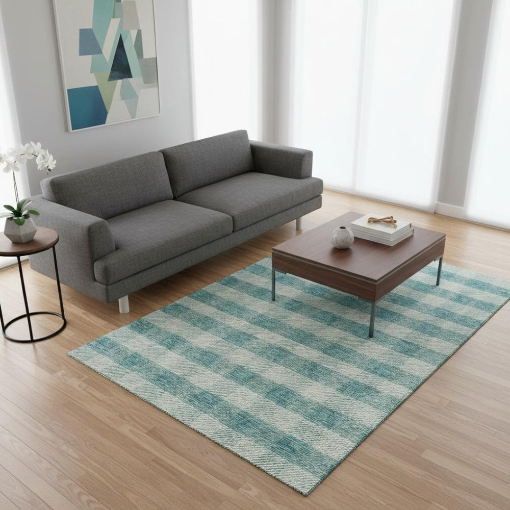 HomeRoots 5' X 8' Teal And Ivory Plaid Washable Rug – UV Protected, Durable, Stain Resistant for Family Homes 673497